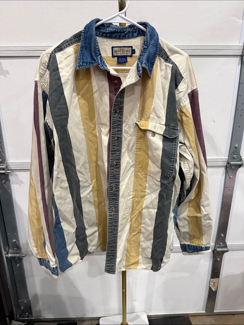 Ruff Hewn Multi-Stripe Cotton Button-Up denim shirt/ Jacket - Cream/Gold/Gray